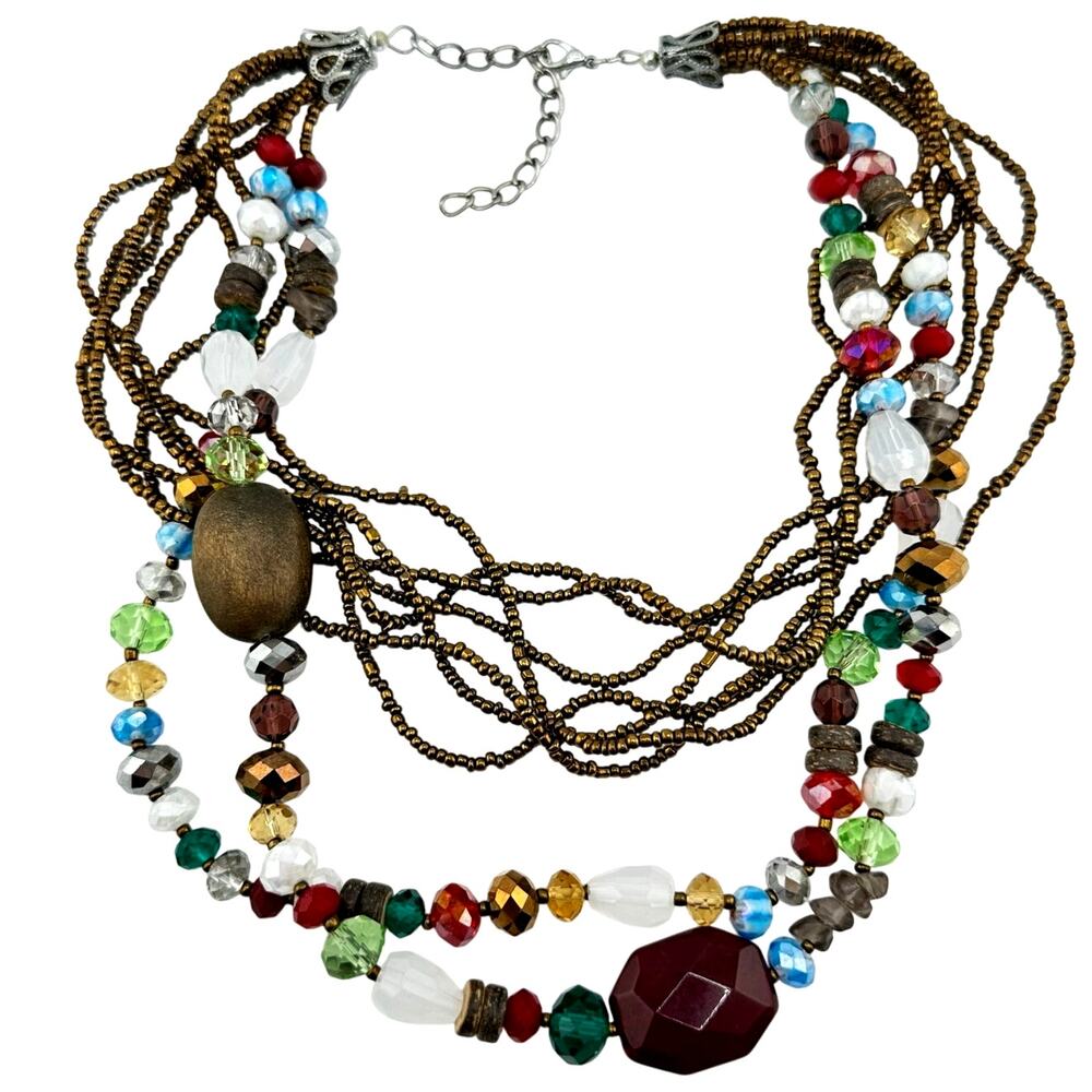 Boho Multicolor Glass Beads Red Dyed Quartz Multistrand Layered 21" Necklace